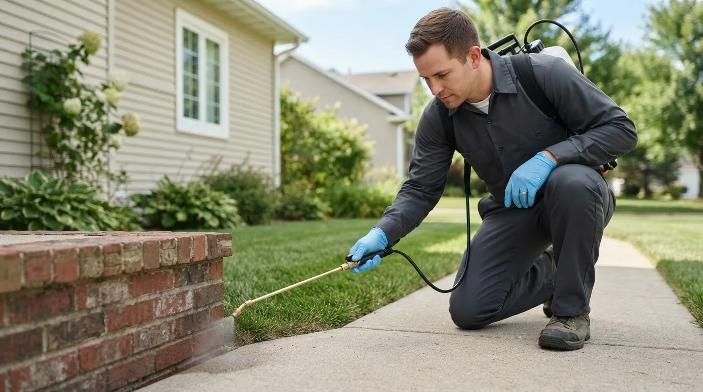 Pest control technician treating a home near Butte, ND